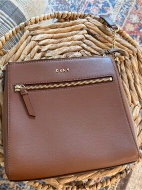DKNY Chestnut Brown Leather Crossbody with Gold Hardware